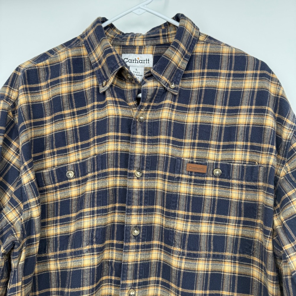 Carhartt Large Tall Flannel Long Sleeve Button Up Plaid‎ Brown Blue Gorpcore
